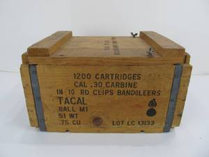 lot 65 image: WW2 Wooden Ammo Crate wLid - For .30 Cal Rounds & Bandoliers