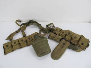 lot 67 image: WW2 Ammo Belt w Canteen Supplies Tool Ammo Clips etc