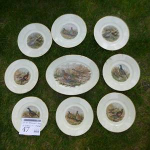 lot 47 image: Lot of (8) Hand Painted Pheasant Collectible Plates  with One Collectible Platter