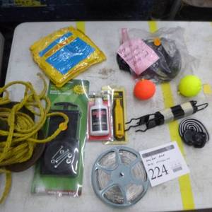 lot 224 image: Anchor and Misc. Accessories  with Vexilar High Speed Transducer  Power cord, Protective Hazard Suit, 3 Bladex Waste Valve, Honing Oil, Sharpener, AnchorLine