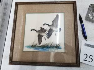 lot 25 image: Geese Landing by Sherm Pehrson circa 1974 Art Work in Wood Frame with Matte