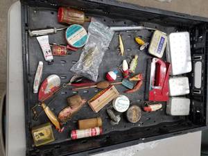 lot 53 image: Lot of Vintage Fishing Tackle  with Lures, Hooks, Lazy Ike, Oil, Pocket Knife, Split Shot, Stapler, Containers, and more