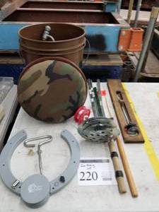 lot 220 image: Ice Fishing Equipment and Supplies  with Clam, Metal Spoon Scoops, Bucket Seat, Misc. Supplies