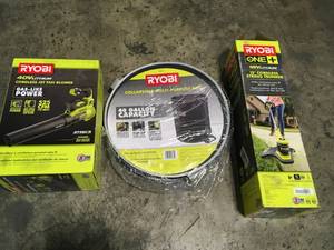 Outdoor Tool Lot includes Ryobi  18V Trimmer, 40V Fan Leaf Blower and collapsible multi purpose 40 Gal Bag see pictures
