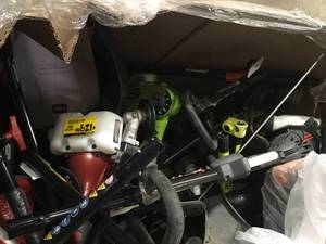 Gaylord with Assorted Outdoor Tools Various brands models and conditions customer returns see pictures