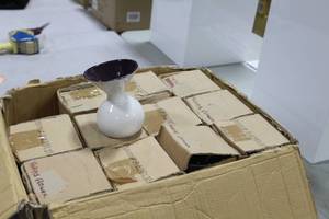 Lot of (12) Accent Dcor Vases PurpleWhite 5-12H (in box)