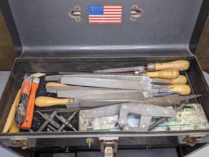 lot 277 image: Vintage Wards Powr Kraft Toolbox Plus Contents Files, Drill Bits, Sockets, Ratchets, etc.