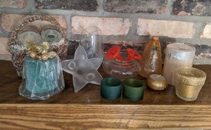 lot 123 image: Candles, Candle Holders, Vase, Blown Glass Flowers