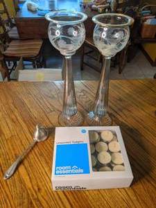 lot 116 image: Glass and Silver Candle Holders, Tealights & Candle Snuffer