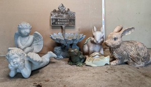 lot 99 image: Yard Statues Angels, Rabbits, Frog & Fish