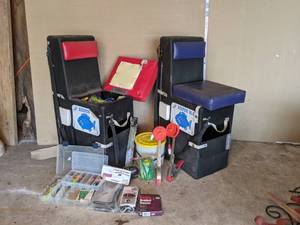 lot 90 image: (2) Keeper Deluxe Ice Fishing Chairs and Gear