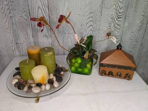lot 410 image: Candle Centerpiece, Faux Orchid Display, Decorative Box