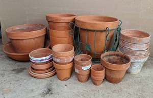 lot 305 image: Lot of Terra Cotta Pots, Saucers & Plant Stand