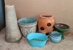 lot 306 image: Lot of Planters and Bird Bath Stand (See Photos)
