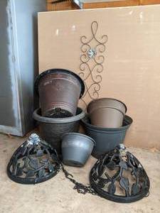 lot 308 image: Large Plastic Planters, (2) Hanging Baskets & Trellis
