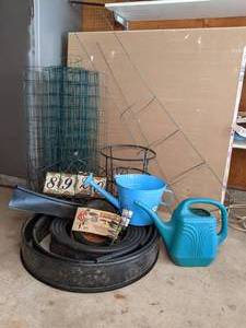 lot 310 image: Outdoor Items Edging, Watering Cans, Wire Fencing, Plant Cages, House Numbers