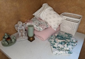 lot 453 image: Angel Decor, Pillar Candle, Wicker Waste Basket, Bedding