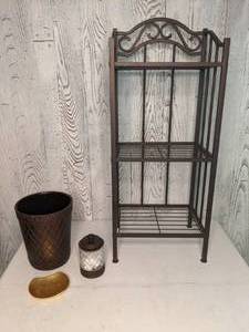 lot 467 image: Decorative Metal Shelf, Waste Basket, Soap Dish, Lidded Jar