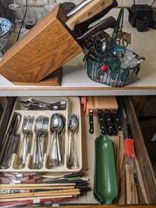 lot 615 image: Knife Blocks w Knives, Silverware, etc.