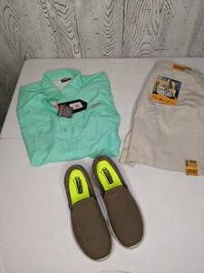 lot 507 image: Brand New Mens Khakis, Fishing Shirt, Slip On Shoes