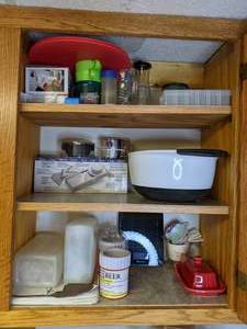 lot 728 image: Contents of Kitchen Cupboard Butter Dish, Mandolin Slicer, Mixing Bowl, Scale, etc.