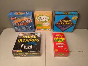 lot 708 image: (5) Brand New Board Games Balderdash, Apples to Apples, Loaded Questions, etc.