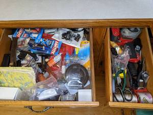 lot 720 image: Contents of Drawers Scissors, Packing Tape, Super Glue, Pliers & Miscellany