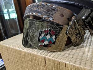 lot 558 image: Belt Lot Some Tooled Leather, Southwestern Belt Buckles, etc.