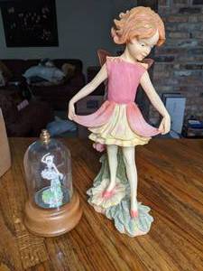 lot 638 image: Flower Fairy Figurine and Musical Ballerina Glass Cloche Figurine