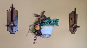 lot 645 image: Wall Decor (2) Wood Candleholers and Ceramic Planter