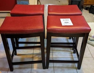 lot 100 image: (4) Wood Stools with Red Upholstery