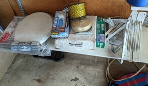 lot 94 image: Garage Stuff Spool of Wire, Brackets, Disposable Gloves, Toilet Seat, etc.