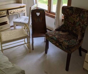 lot 560 image: Seating Metal Stool, Rustic Stenciled Chair, Slipper Chair