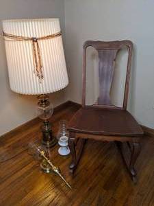 lot 660 image: Vintage Rocking Chair, Brass Table Lamp and Candle Holders