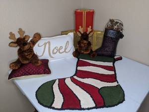 lot 670 image: Christmas Decor Stocking Rug, Stuffed Reindeer, Noel Pillow, etc.