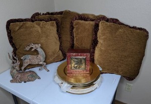 lot 678 image: Golden Decor Throw Pillows, Dishware, Deer Statues, etc.