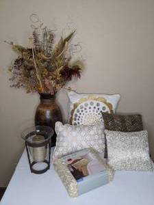 lot 654 image: (4) Throw Pillows, Candle with Holder, Faux Floral Arrangement, King Sheet Set
