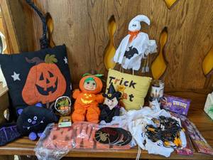 lot 693 image: Halloween Decor Troll Doll, Lights, Throw Pillows, Signage, etc.