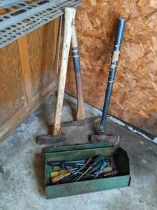 lot 752 image: Vintage Toolbox with Screwdrivers, Pick Axe, Maul, etc.