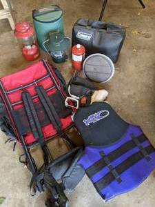 lot 758 image: Coleman Lanterns, Life Jacket, Backpack, Propane Heater, etc.