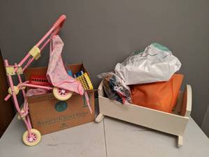 lot 825 image: Wood Cradle, Doll & Accessories