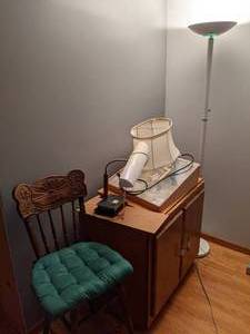 lot 832 image: Pressed Back Chair, Storage Cabinet, Lamps, etc.