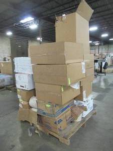 lot 233 image: WHOLESALE MIXED PALLET OF FURNACE AIR FILTERS AND JANITORIAL SUPPLIES