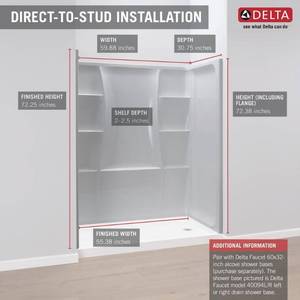 lot 121 image: Delta Classic 400 32 in. x 60 in. x 74 in. 3-Piece Direct-to-Stud Alcove Surround in White, 40104 - WALLS ONLY.