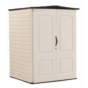 lot 133 image: Rubbermaid 4 ft. 4 in. x 4 ft. 8 in. W Medium Vertical Resin Storage Shed, FG5L2000SDNX - Open Carton.