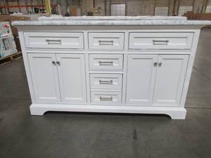 lot 100 image: Home Decorators Collection Windlowe 61 in. W x 22 in. D x 35 in. H Bath Vanity in White with Carrera Marble Vanity Top in White with White Basin, 15101-VS61C - Scratch and Dent.