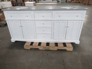 lot 101 image: Home Decorators Collection Fremont 72 in. W x 22 in. D Double Vanity in White with Granite Vanity Top in Grey with White Basins, MD-V1792 - VANITY TOP CRACKED.