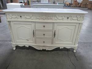 lot 102 image: World Imports Belle Foret 60 in. Vanity in Antique Parchment with Marble Top, BF80044RN - Chip on Top, LH Door needs repair.