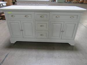 lot 103 image: Home Decorators Collection Sadie 67 in. W x 21.5 in. D Vanity in Antique Light Cyan with Marble Vanity Top in Natural White with White Basins, MD-V1836 - Cracked Top, LH Side Damage.