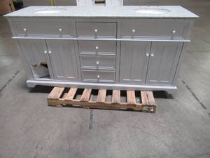 lot 104 image: Home Decorators Collection Fremont 72 in. W x 22 in. D Double Vanity in Grey with Granite Vanity Top in Grey with White Basin, MD-V1791 - Damaged LH Door, Small Cracks in Top.
